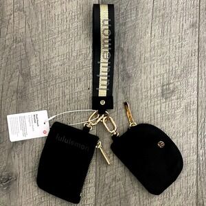 Lululemon Dual Pouch Wristlet Black Gold Logo Zip Bag New With Tags